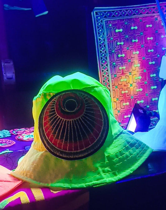 The Angel Crop Circle Fisher Hat UV blacklight glowing with embroidery patch sacred geometry alien art extraterrestrial beauty psychedelic