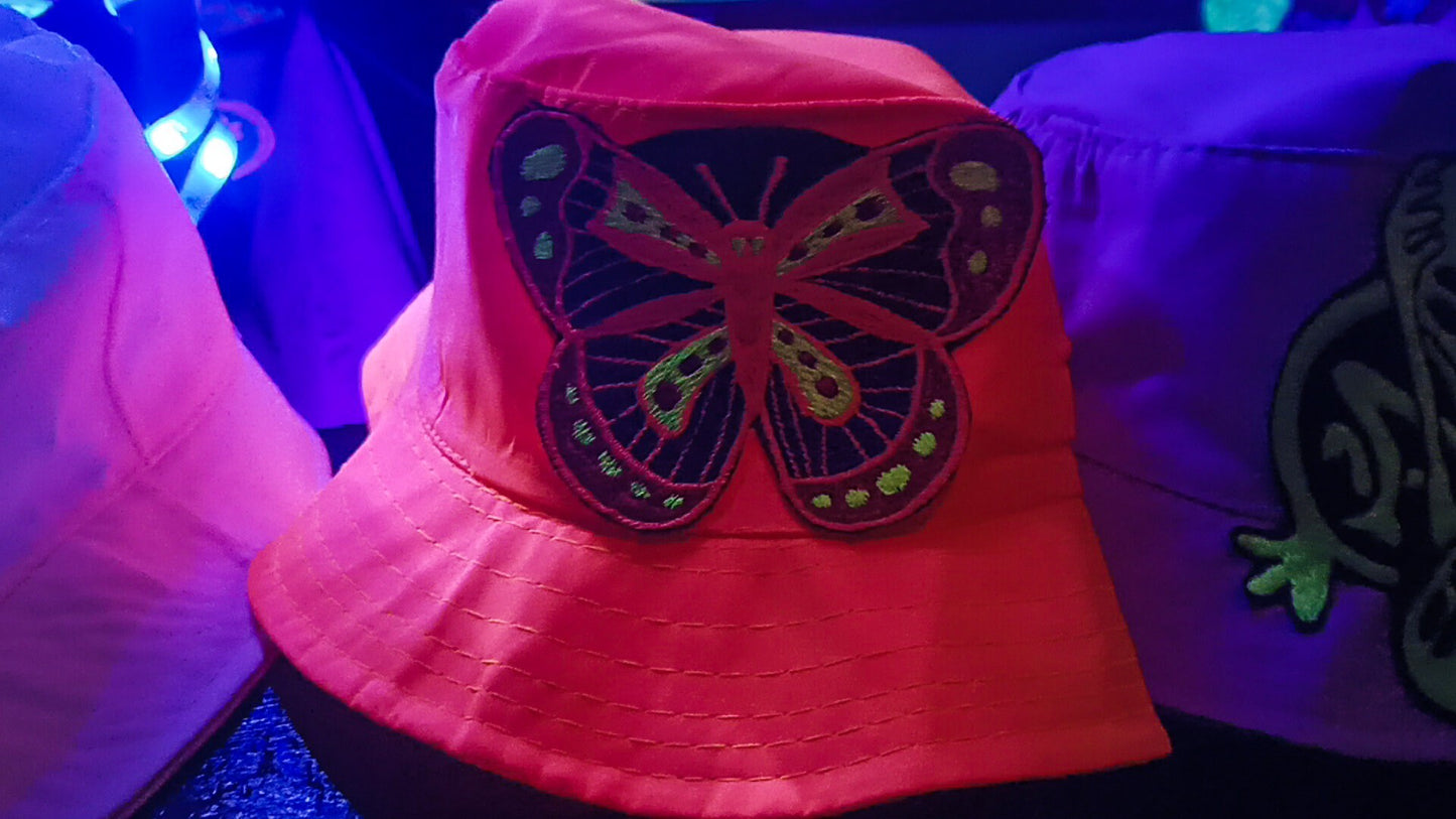 Butterfly Fisher Hat UV Orange blacklight glowing with embroidery patch psychedelic trance goatrance hippie fisherhat beautiful hippie hat