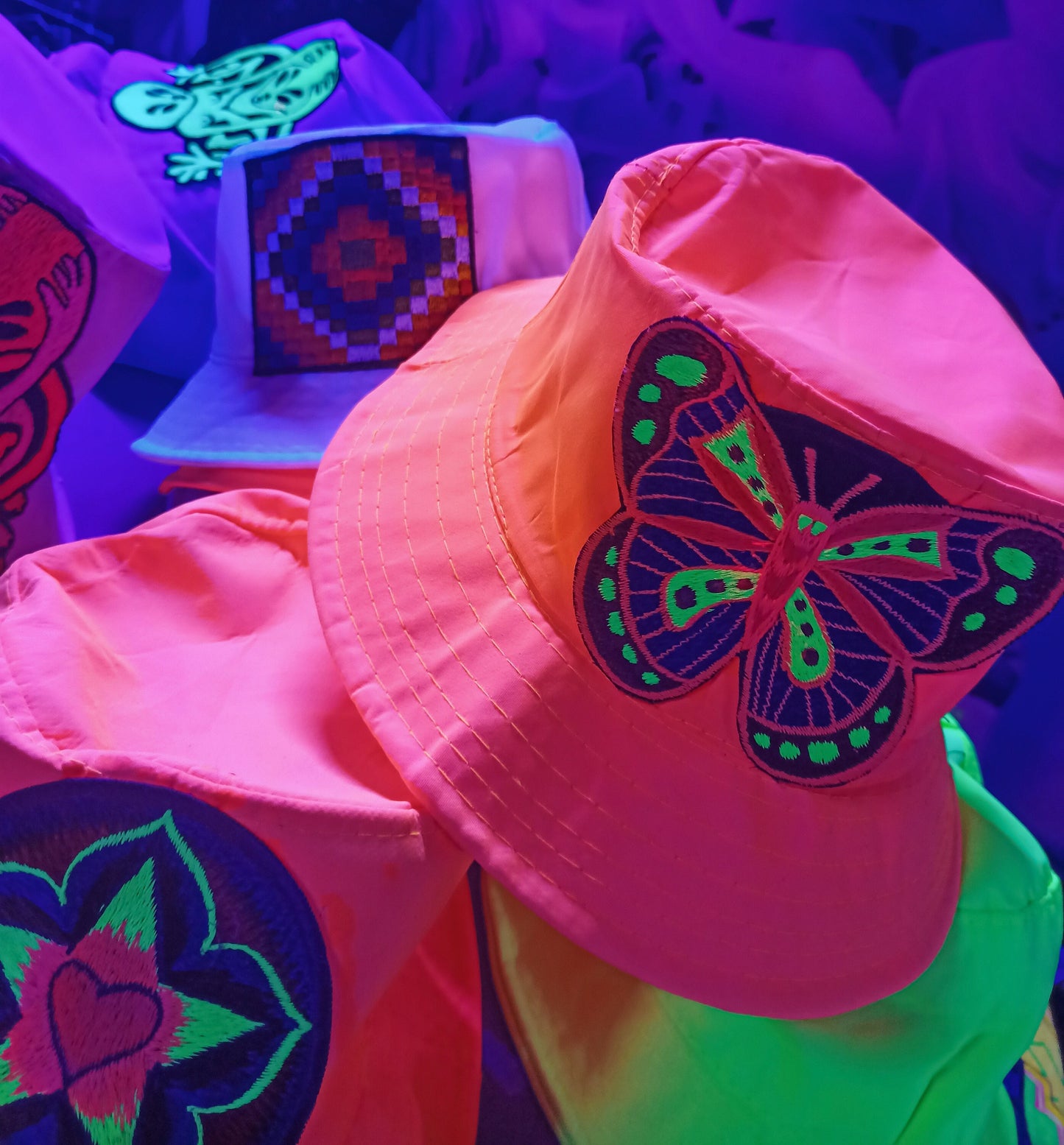 Butterfly Fisher Hat UV Orange blacklight glowing with embroidery patch psychedelic trance goatrance hippie fisherhat beautiful hippie hat