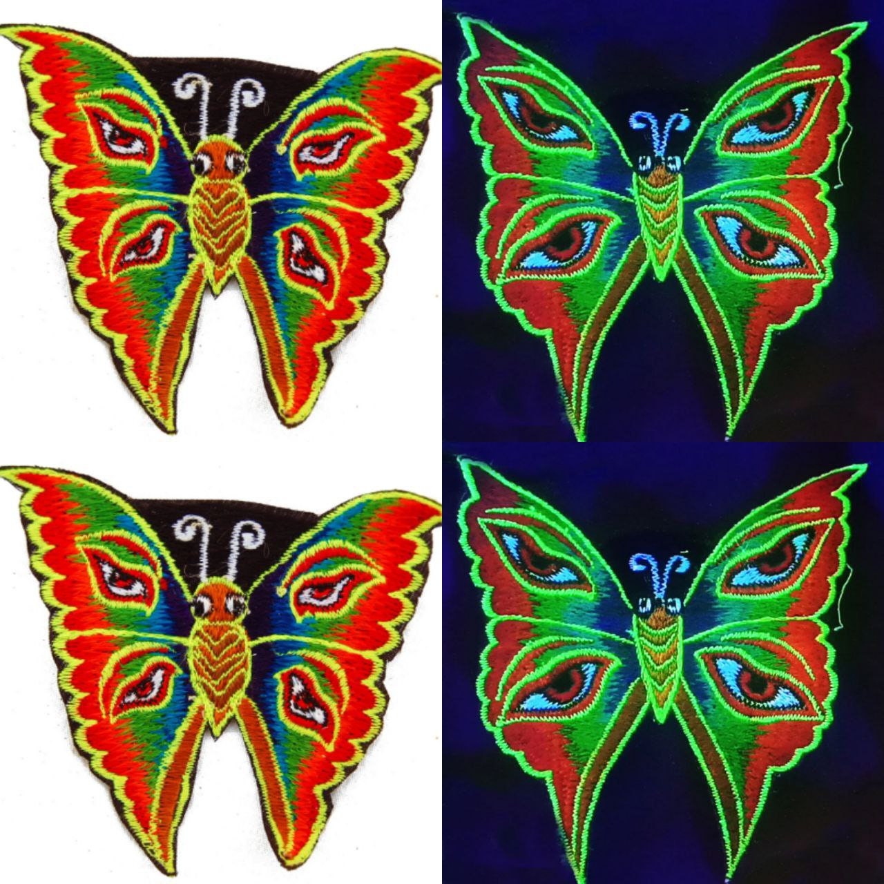 Rainbow Butterfly Buddha Eyes embroidery patch small size Goa Trance psychedelic consciousness beauty Psytrance Art handmade blacklight UV