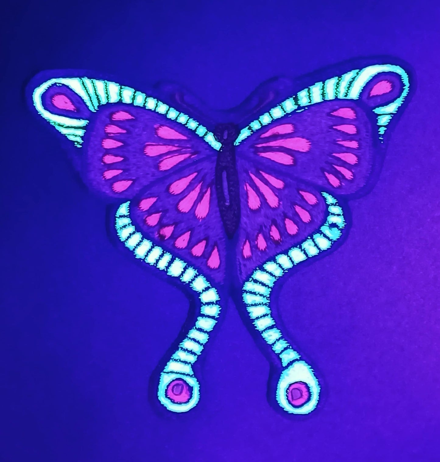 Purple UV glowing Butterfly embroidery patch Goa Trance beautiful Hippie Spirit Psytrance Art handmade blacklight UV shining for sew on