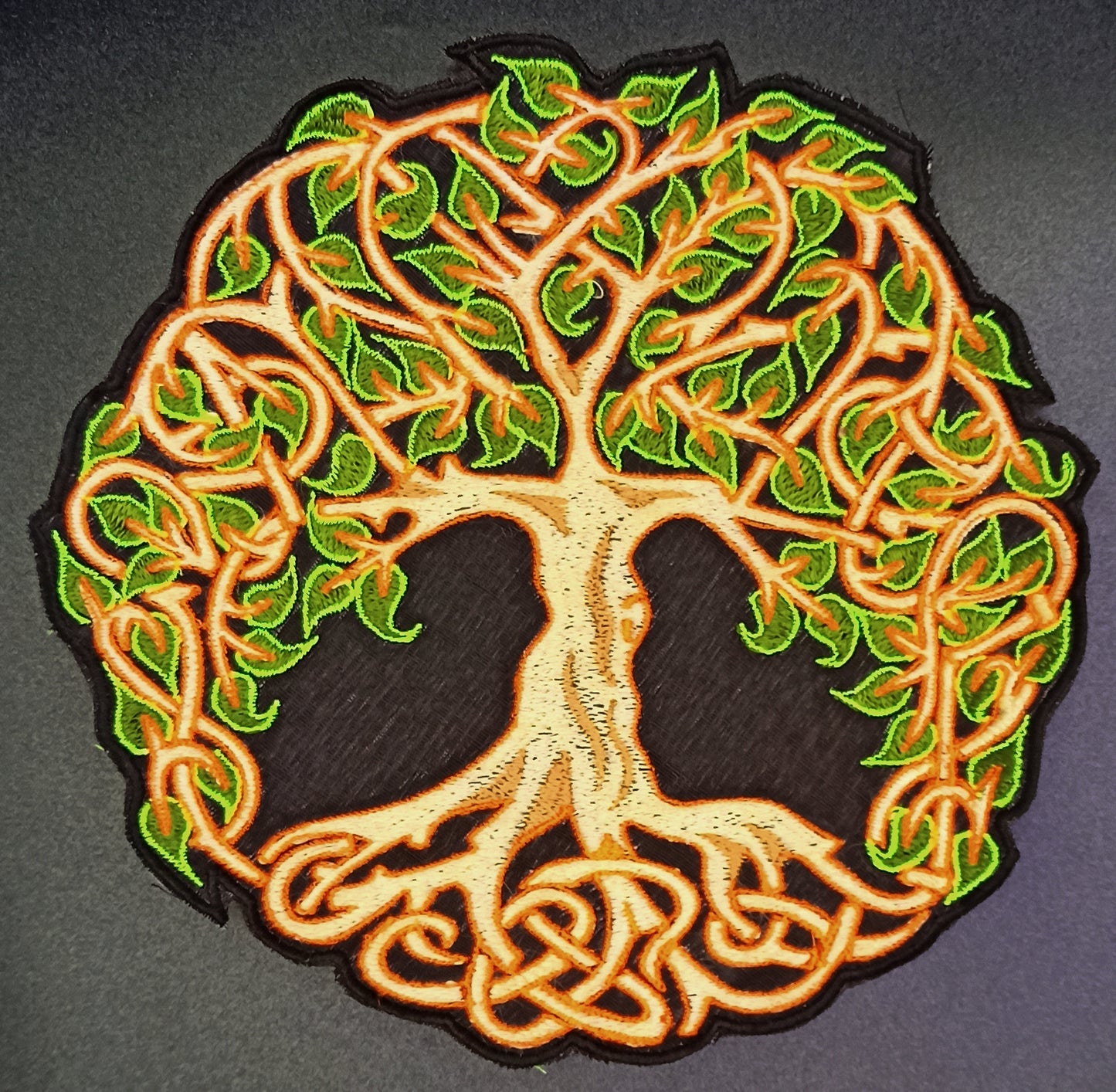 Celtic Tree of Knowledge embroidery art patch blacklight glowing uv active for sew on machine washable ironable druid artpiece