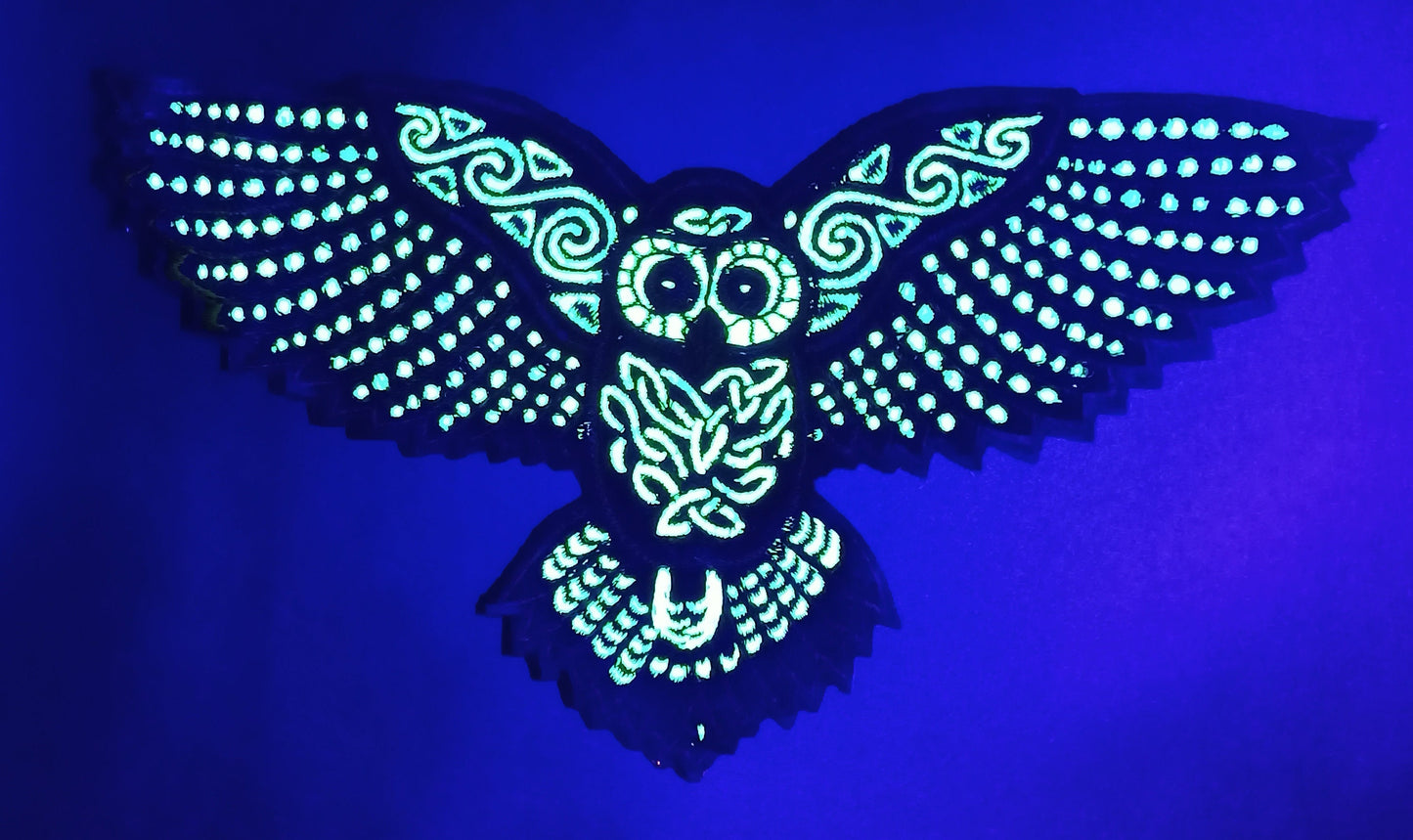 Celtic Owl Patch Embroidery with blacklight glowing UV colors - beautiful owl flies high and watches through the night of the magic forest