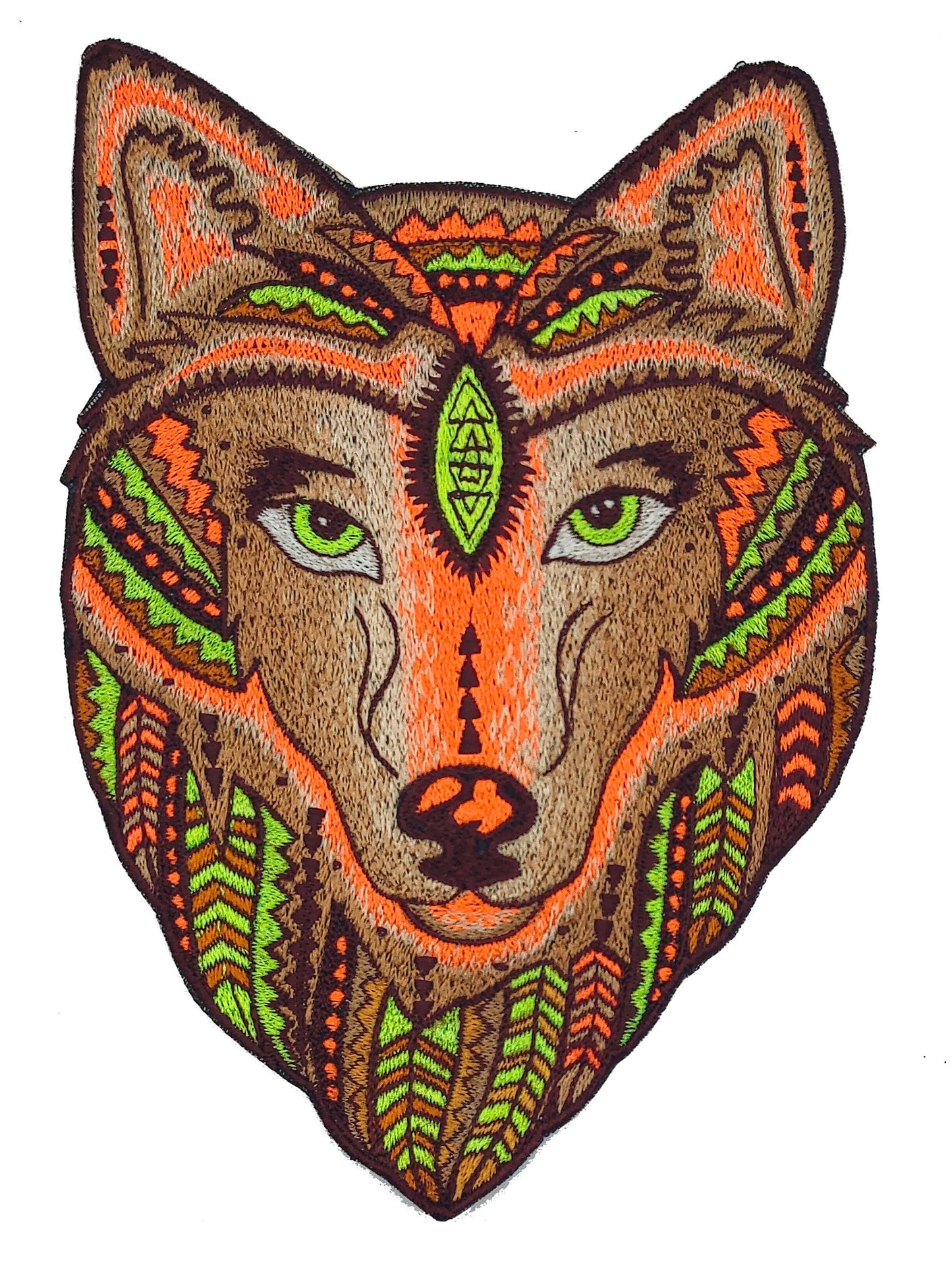 Wisdom Wolf UV Patch with blacklight glowing colors - Animal Embroidery neon shining beautiful and wise wolf spirit of the psychedelic woods