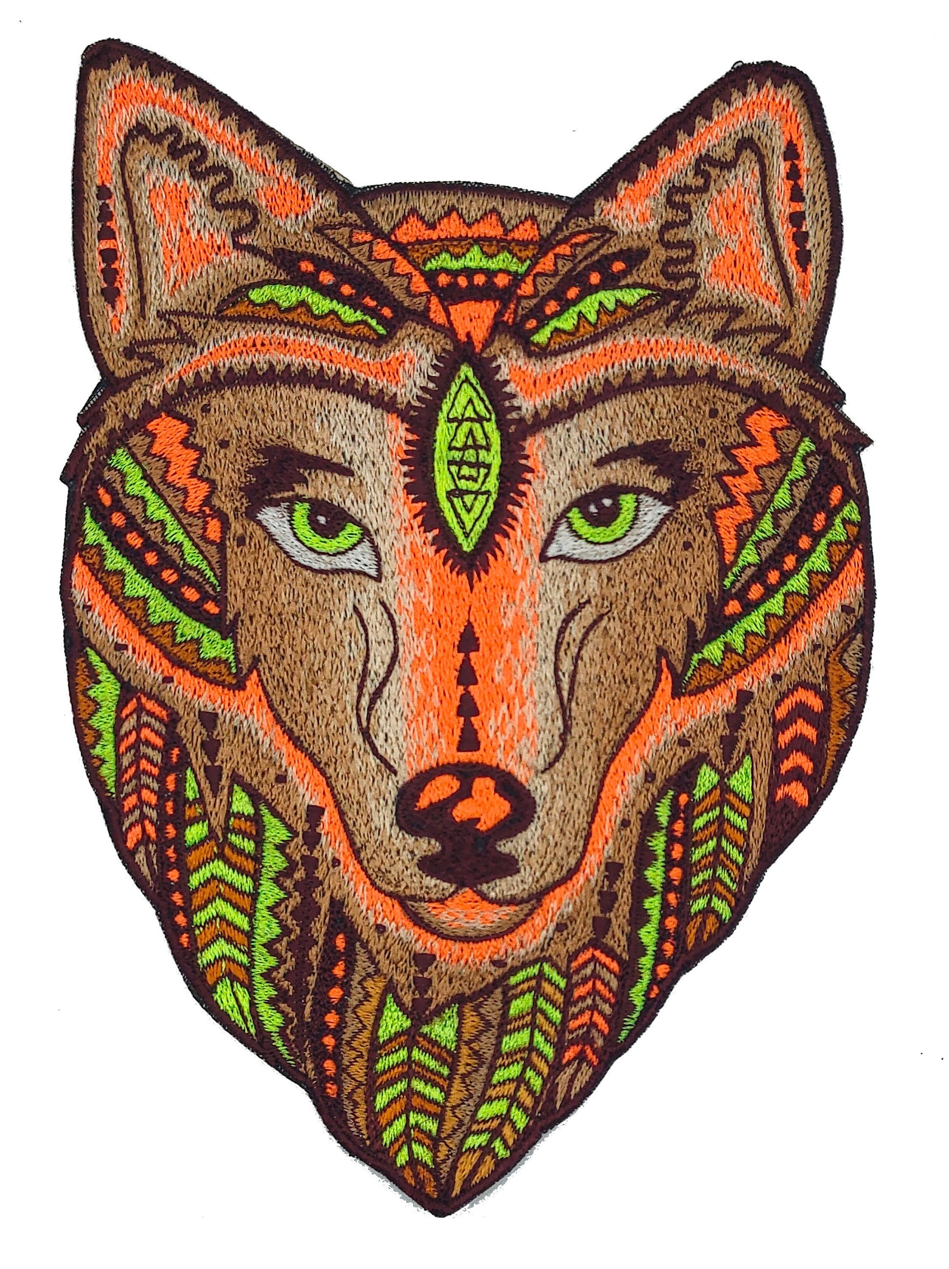 Wisdom Wolf UV Patch with blacklight glowing colors - Animal Embroidery neon shining beautiful and wise wolf spirit of the psychedelic woods