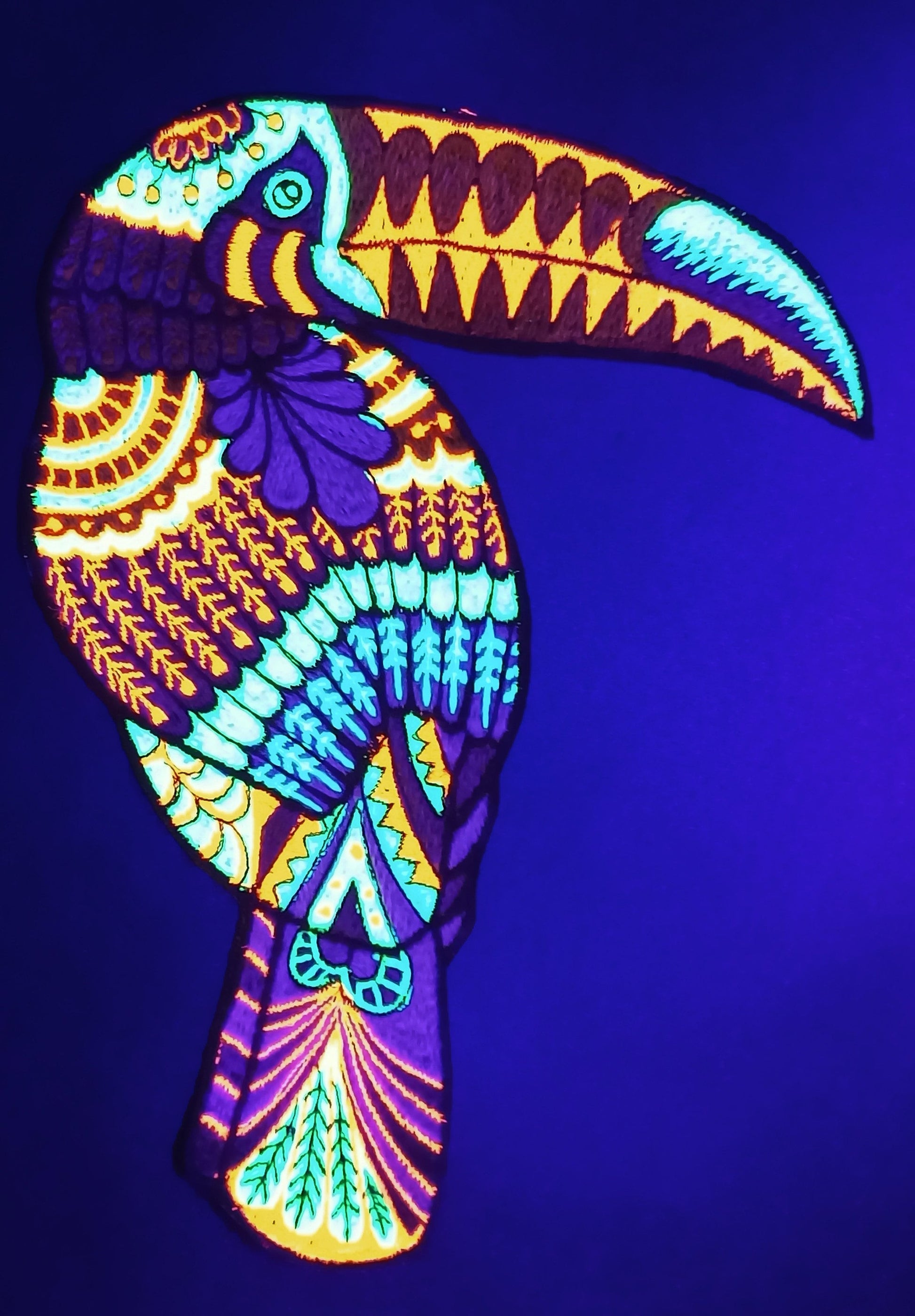 Psy Toucan UV Patch with blacklight glowing colors Animal Embroidery neon shining beautiful paradise bird artpiece offering beauty and love