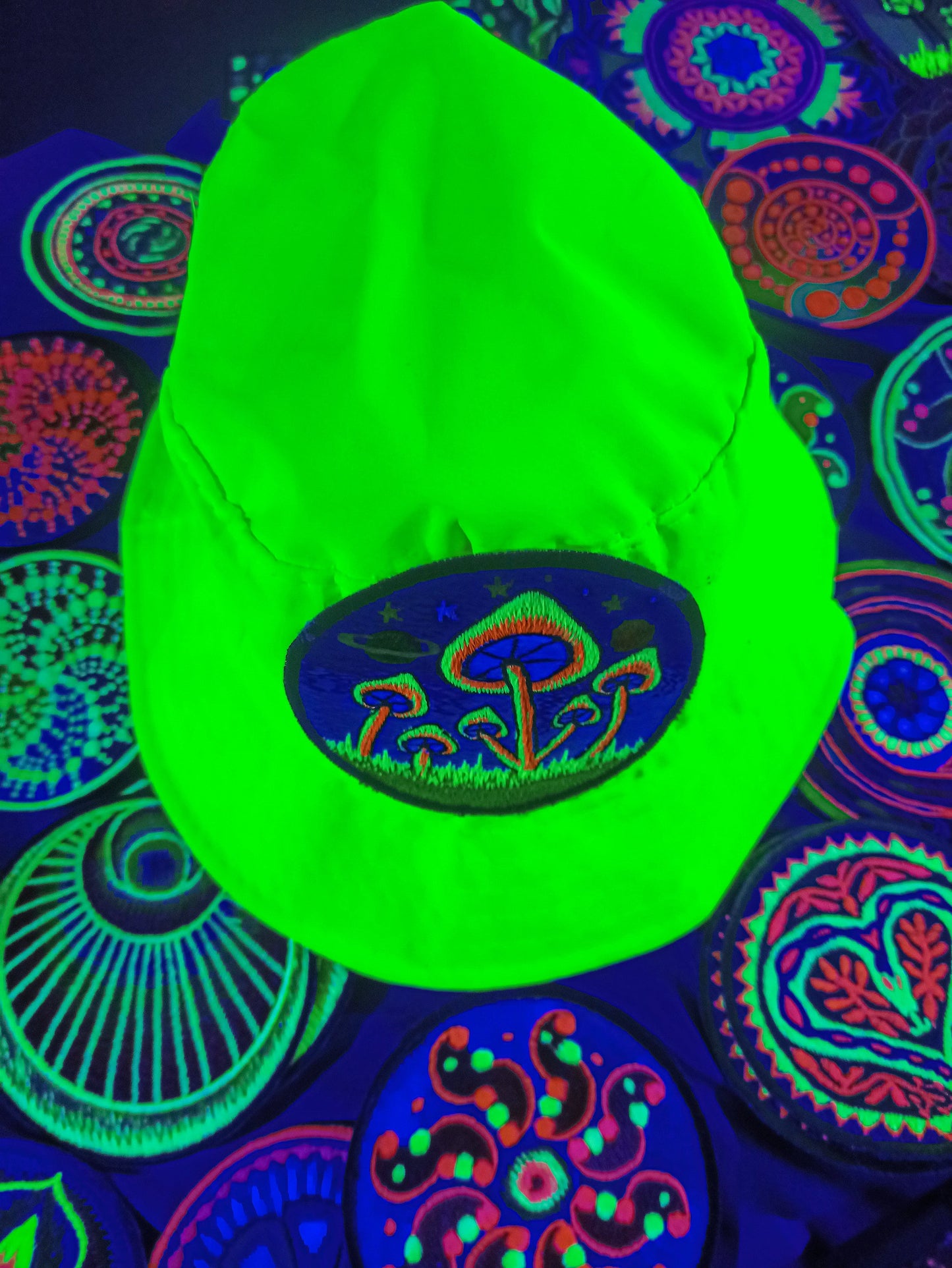 Magic Mushroom UV Yellow Fisherhat blacklight glowing hat with embroidery patch is a real eye catcher and shines beautifully Psytrance Gear