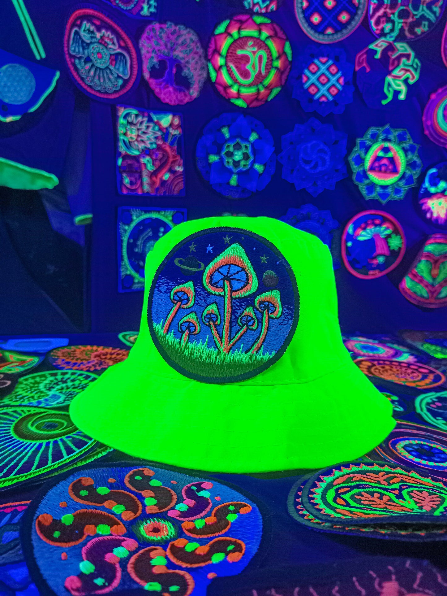 Magic Mushroom UV Yellow Fisherhat blacklight glowing hat with embroidery patch is a real eye catcher and shines beautifully Psytrance Gear