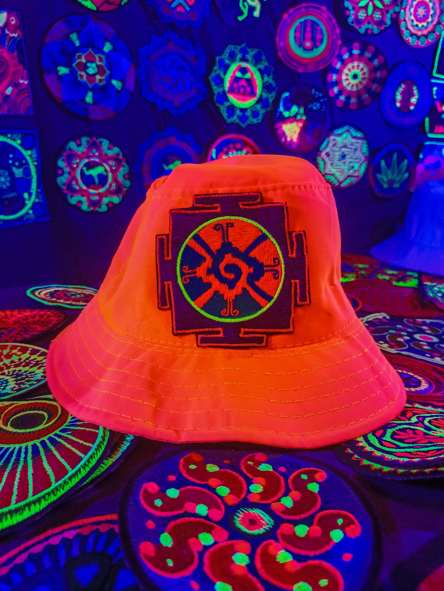 Hunab Ku UV Orange Fisher Hat blacklight glowing with embroidery patch sacred center of galaxy the one god Unity of Dualism Maya Calendar