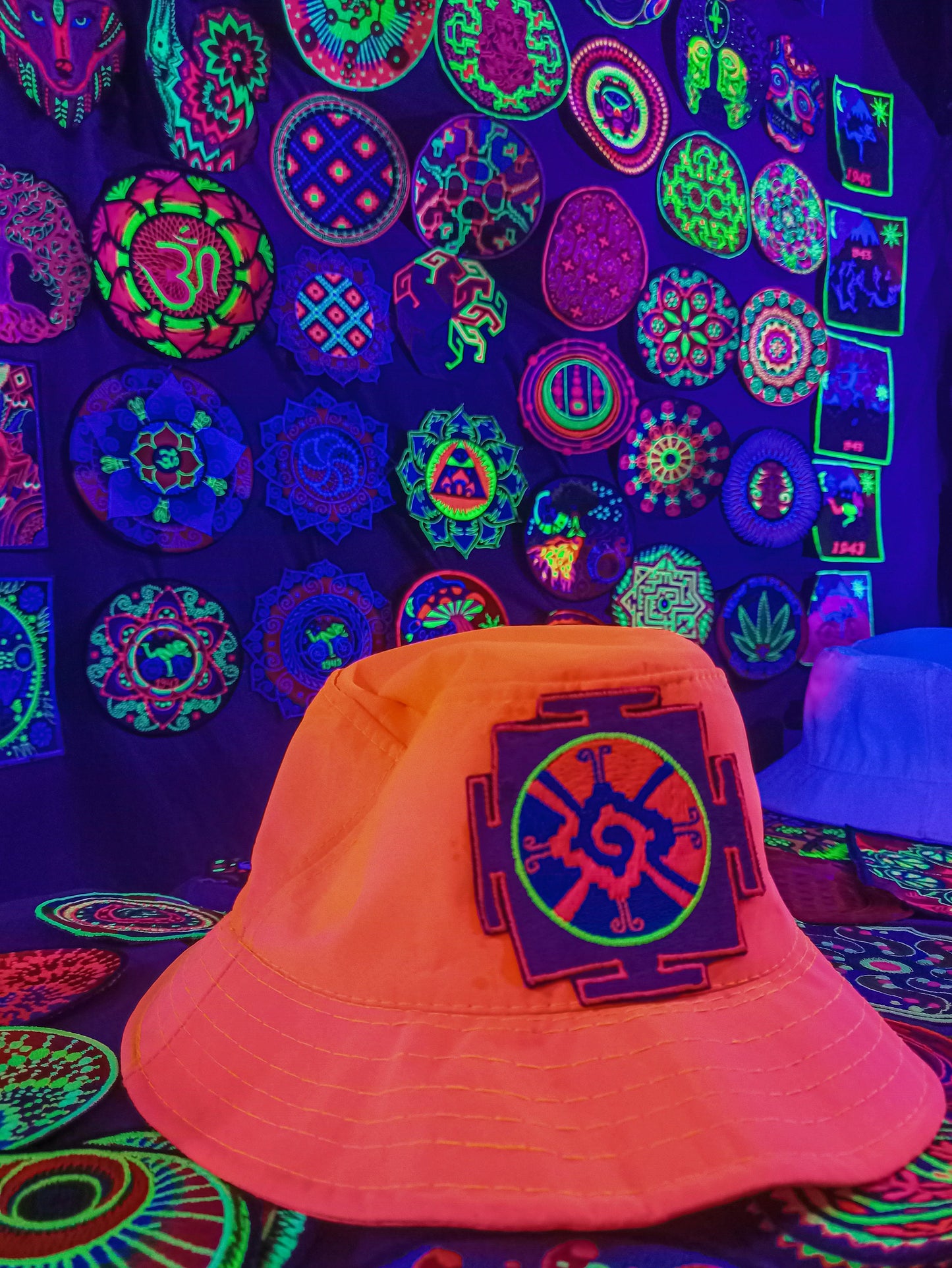 Hunab Ku UV Orange Fisher Hat blacklight glowing with embroidery patch sacred center of galaxy the one god Unity of Dualism Maya Calendar