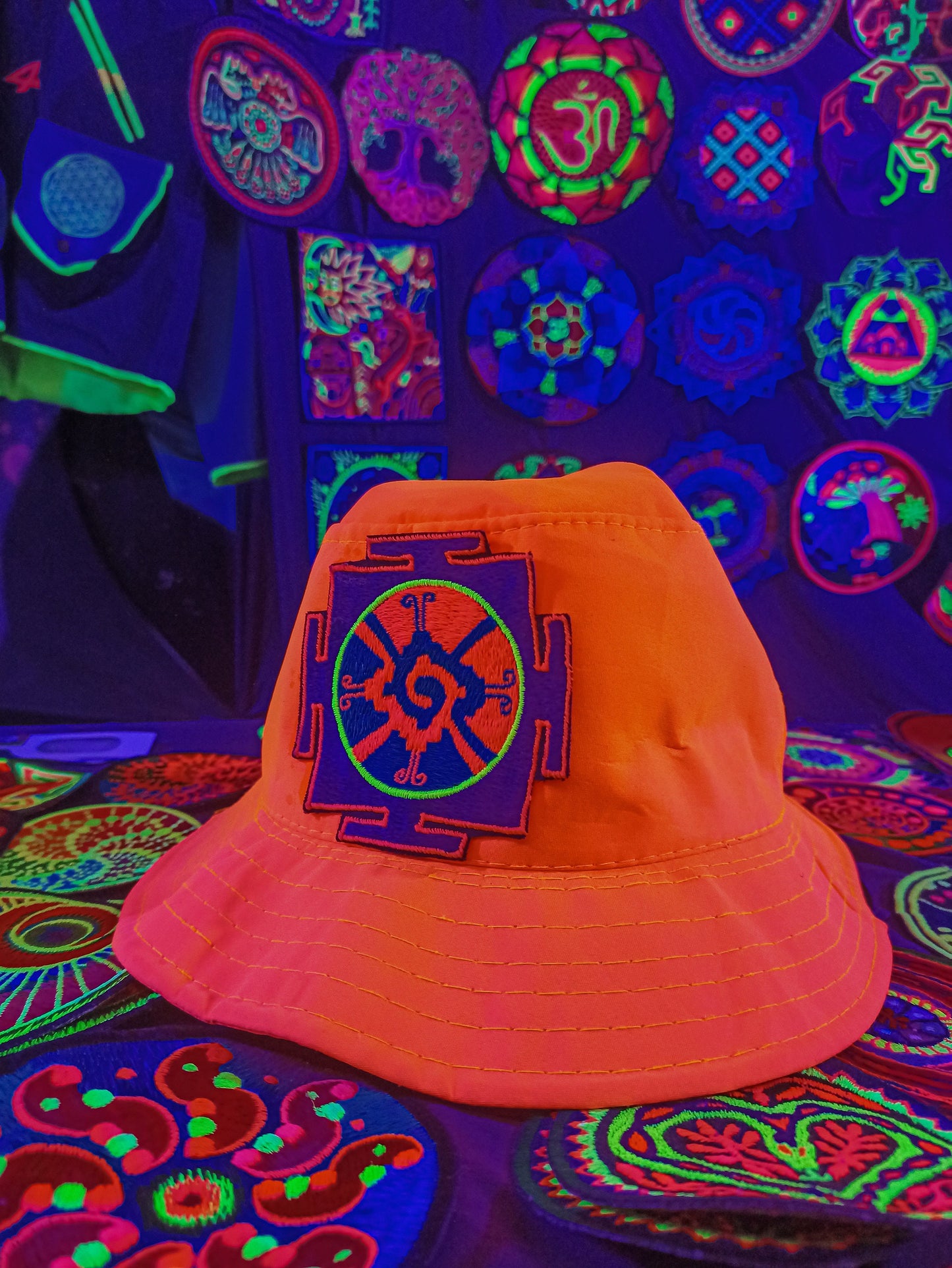 Hunab Ku UV Orange Fisher Hat blacklight glowing with embroidery patch sacred center of galaxy the one god Unity of Dualism Maya Calendar