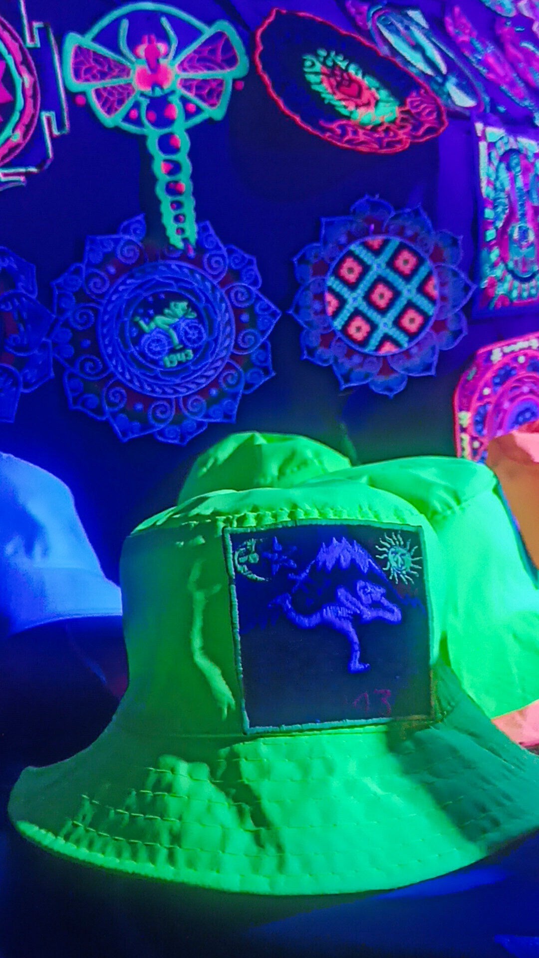 Bicycle Day LSD Fisher Hat UV blacklight glowing with embroidery patch Albert Hofmann vintage acid discovery psytrance psychedelic goatrance