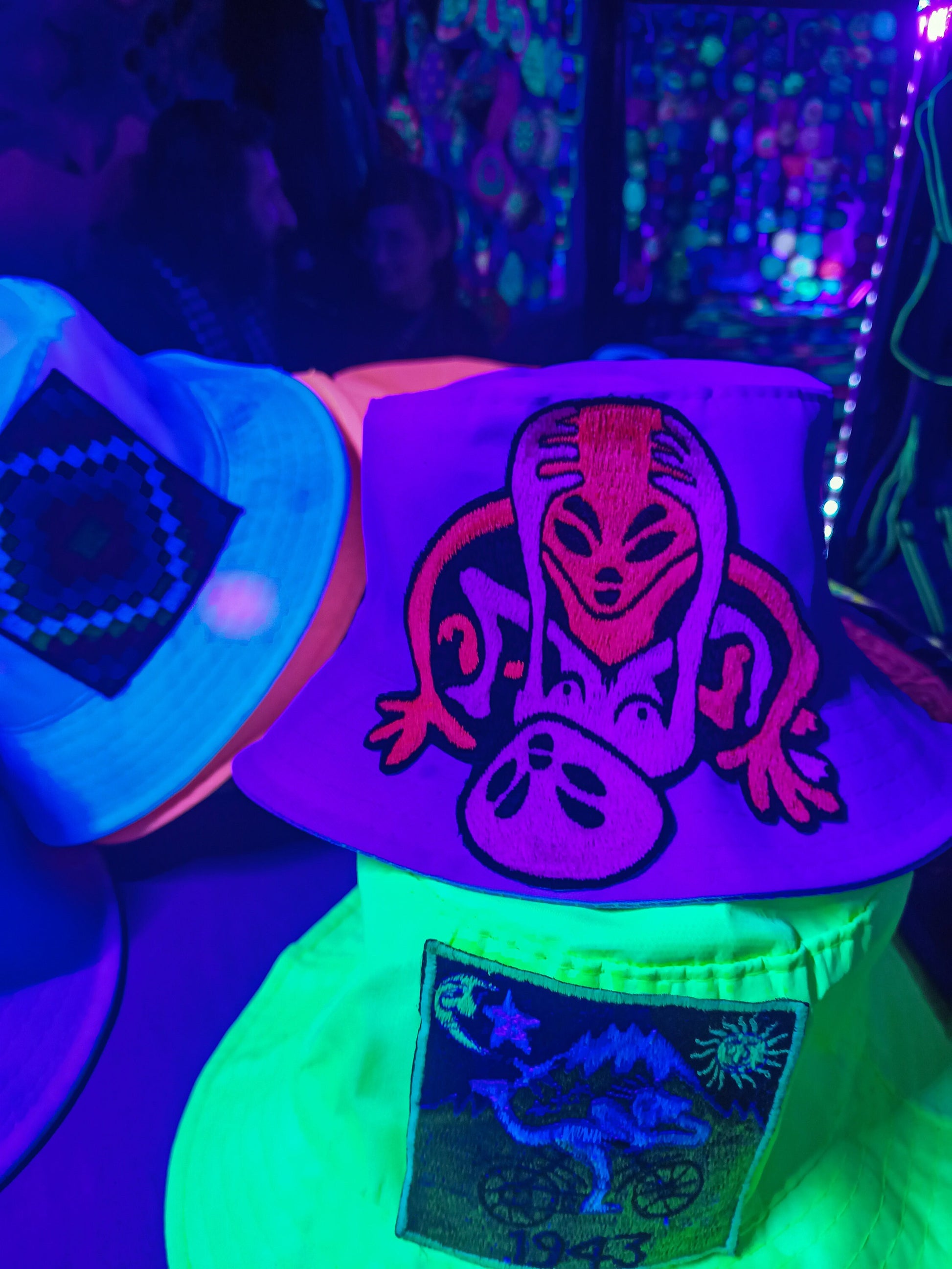 Bicycle Day LSD Fisher Hat UV blacklight glowing with embroidery patch Albert Hofmann vintage acid discovery psytrance psychedelic goatrance