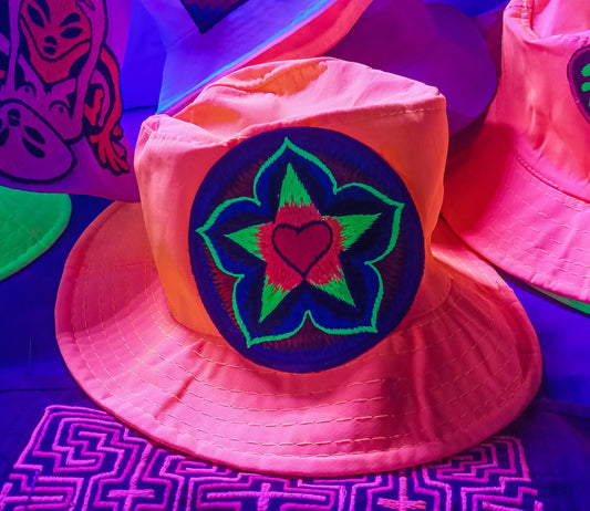 Starseed Love Heart  UV Orange Fisher Hat blacklight glowing with embroidery patch psychedelic trance goatrance hippie fisherhat Lotus Heart