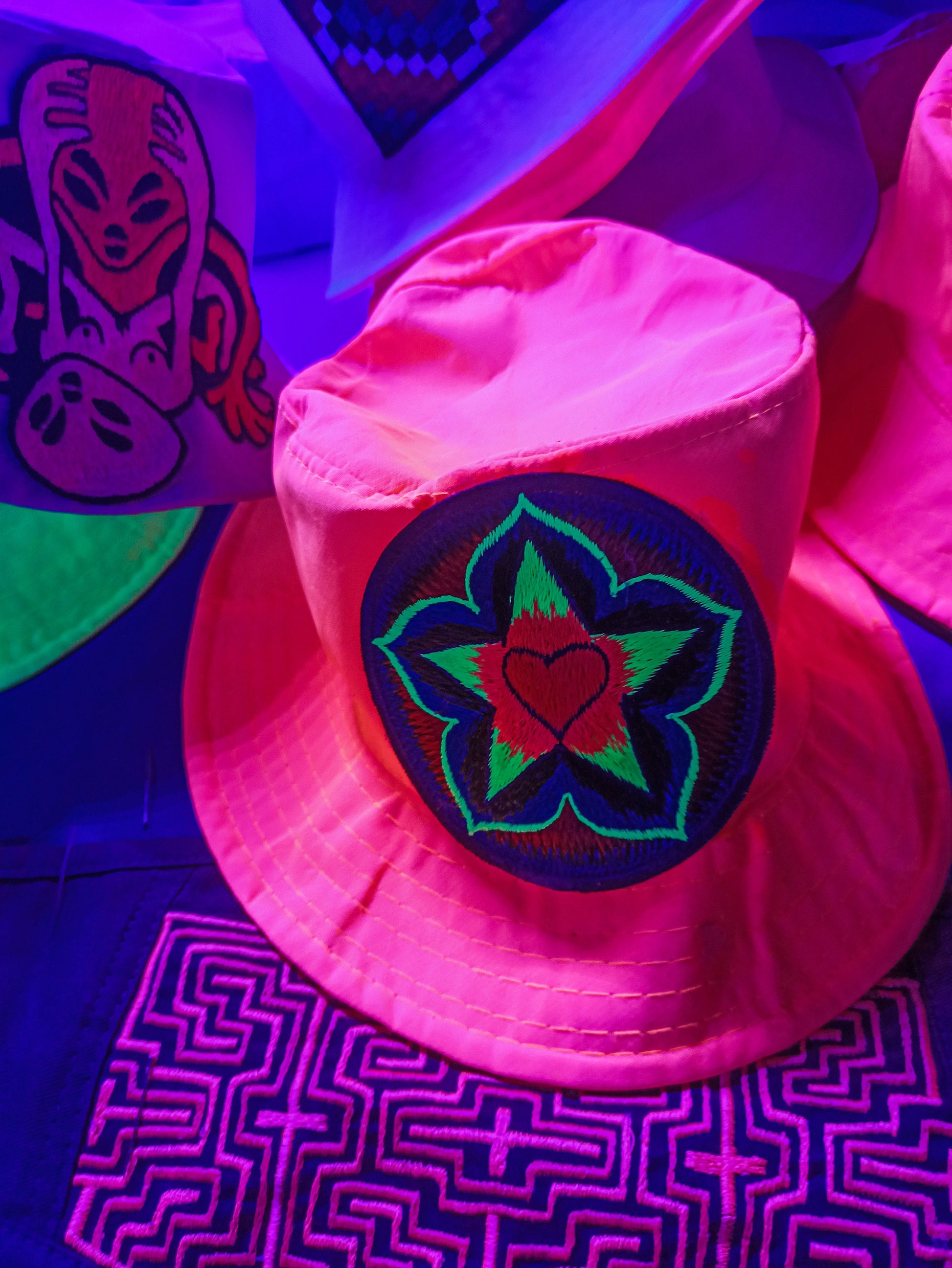 Starseed Love Heart  UV Orange Fisher Hat blacklight glowing with embroidery patch psychedelic trance goatrance hippie fisherhat Lotus Heart