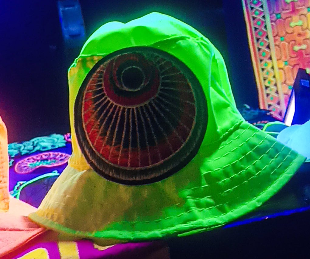 The Angel Crop Circle Fisher Hat UV blacklight glowing with embroidery patch sacred geometry alien art extraterrestrial beauty psychedelic