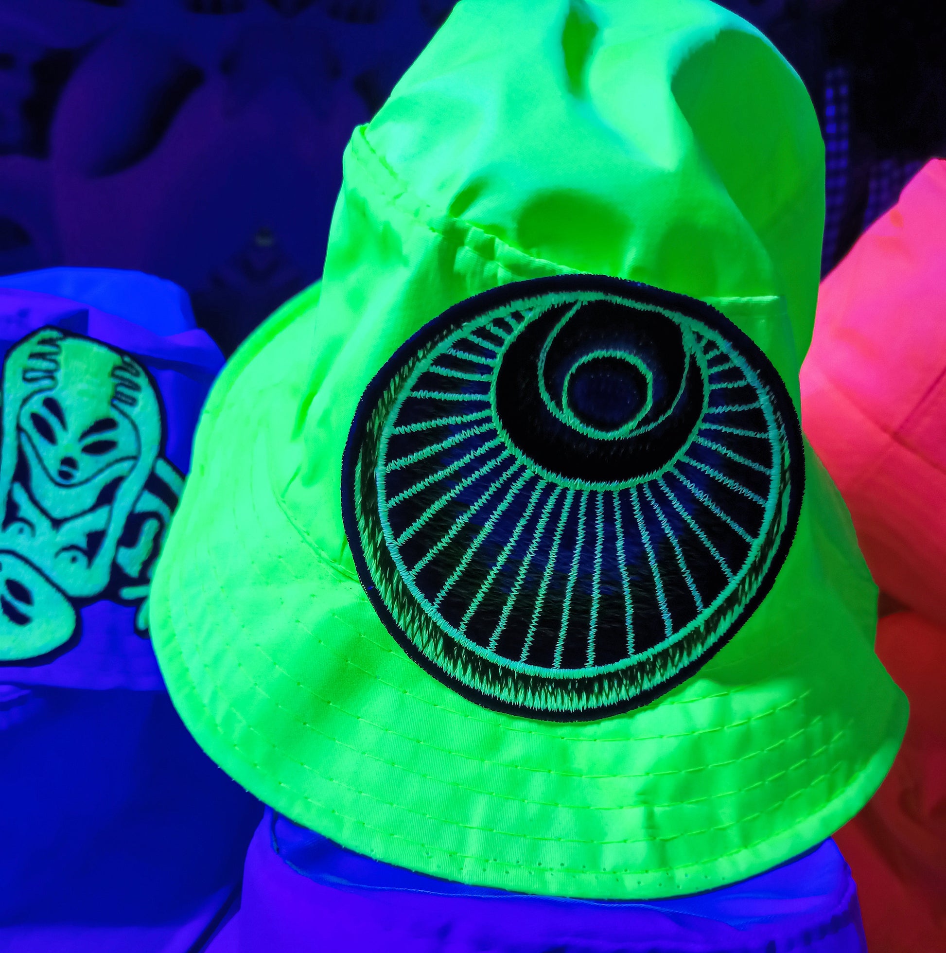 The Angel Crop Circle Fisher Hat UV blacklight glowing with embroidery patch sacred geometry alien art extraterrestrial beauty psychedelic