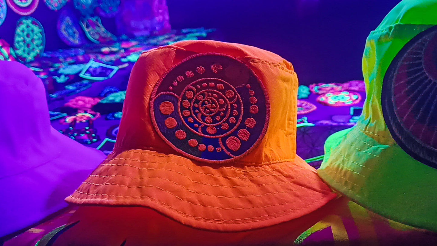 Attributes Crop Circle Fisher Hat UV blacklight glowing with embroidery patch sacred geometry alien art extraterrestrial beauty psychedelic