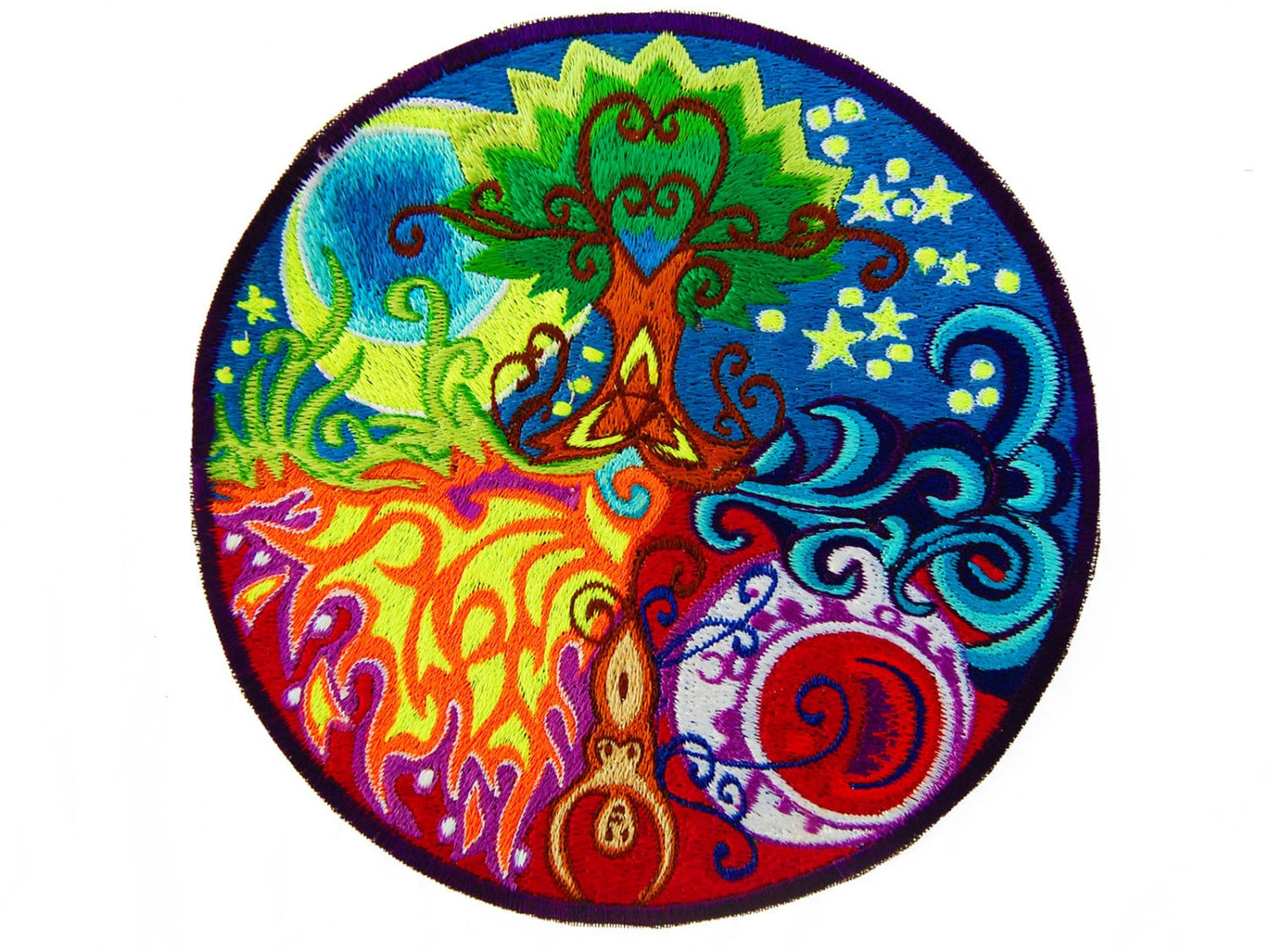 Gaia Mandala Patch Beautiful Tree Embroidery Art Fire Spirit Divine Wind Sacred Moon and Mother of Life Cosmic Creation of Existence