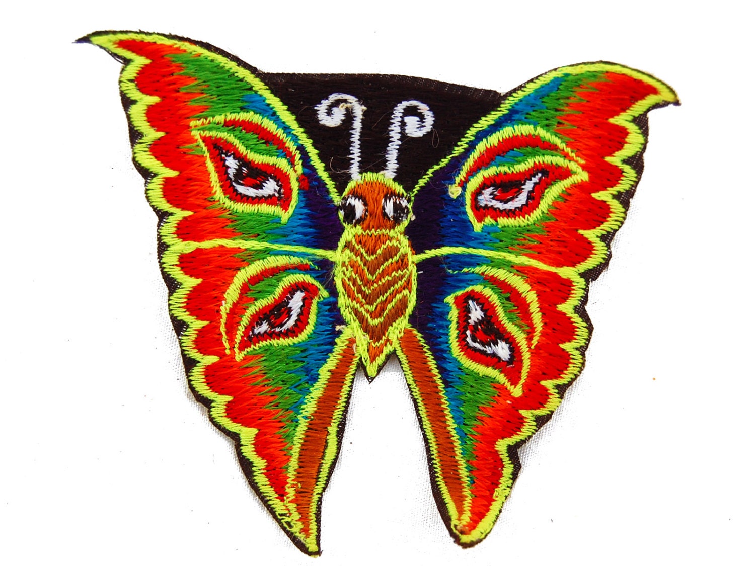 Rainbow Butterfly Buddha Eyes embroidery patch small size Goa Trance psychedelic consciousness beauty Psytrance Art handmade blacklight UV