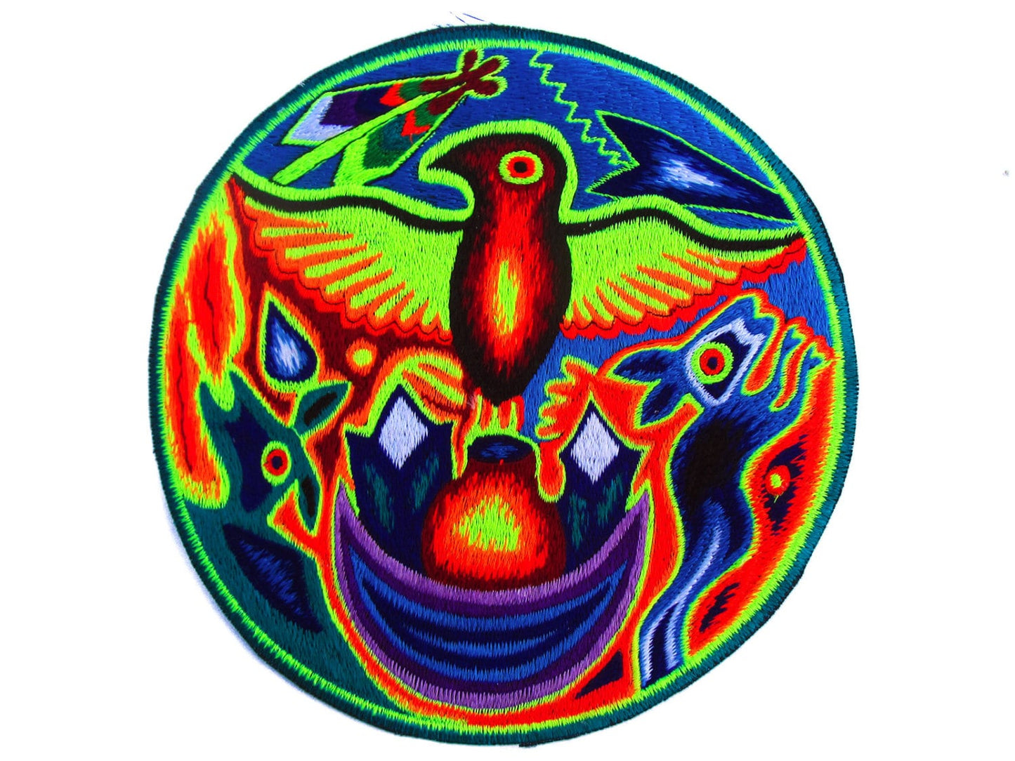 Huichol Peyote Embroidery Shamanic Art Eagle Bird patch indigene mescaline Masterpiece blacklight glowing beauty UV active Magic Cactus