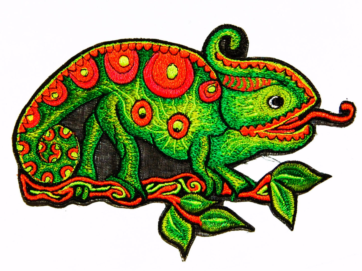 Psychedelic chameleon big size patch blacklight active colourful embroidery art
