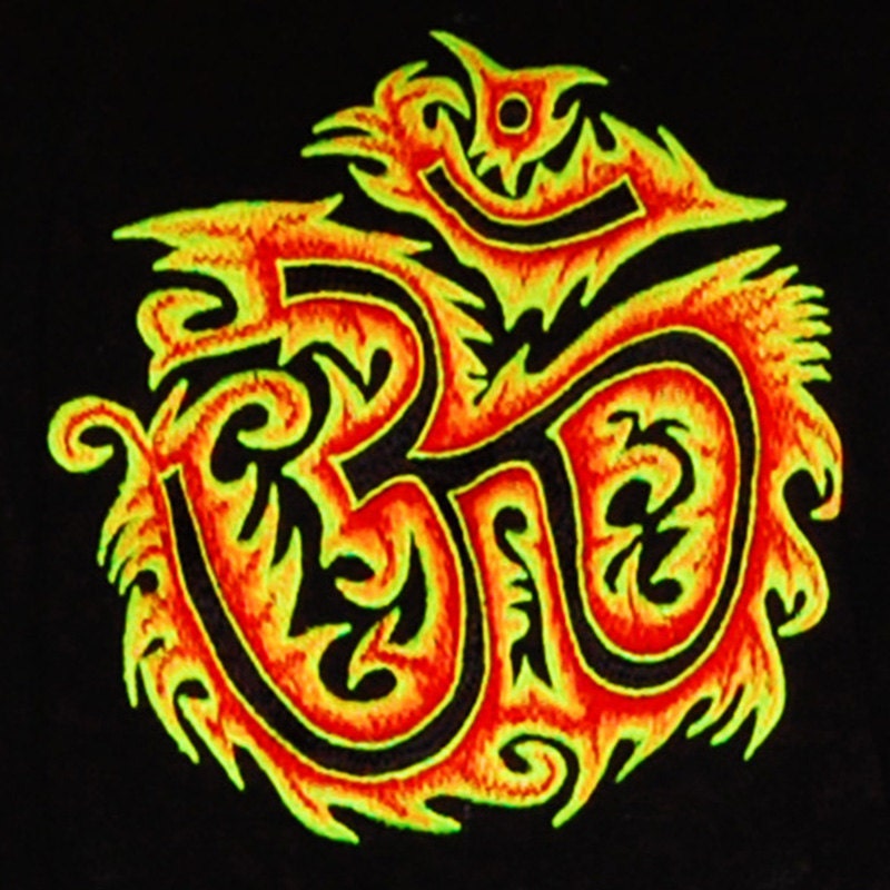 AUM fire T-Shirt blacklight handmade embroidery no print OM yantra goa t-shirt