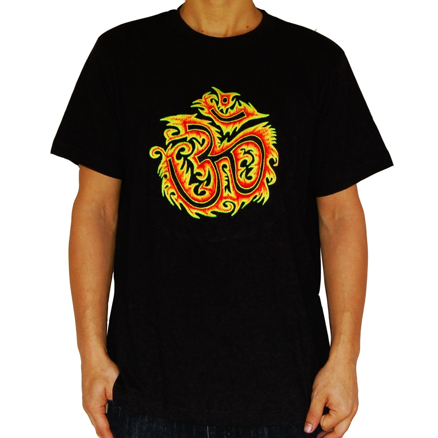 AUM fire T-Shirt blacklight handmade embroidery no print OM yantra goa t-shirt