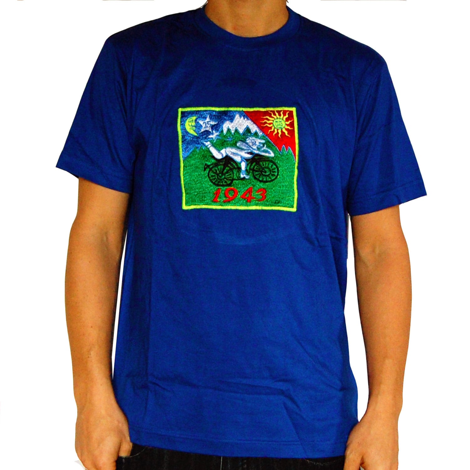 Hofmann Bicycle Day LSD T-Shirt blacklight handmade embroidery no print goa t-shirt Timothy Leary Albert Hofmann vintage bicycleday art