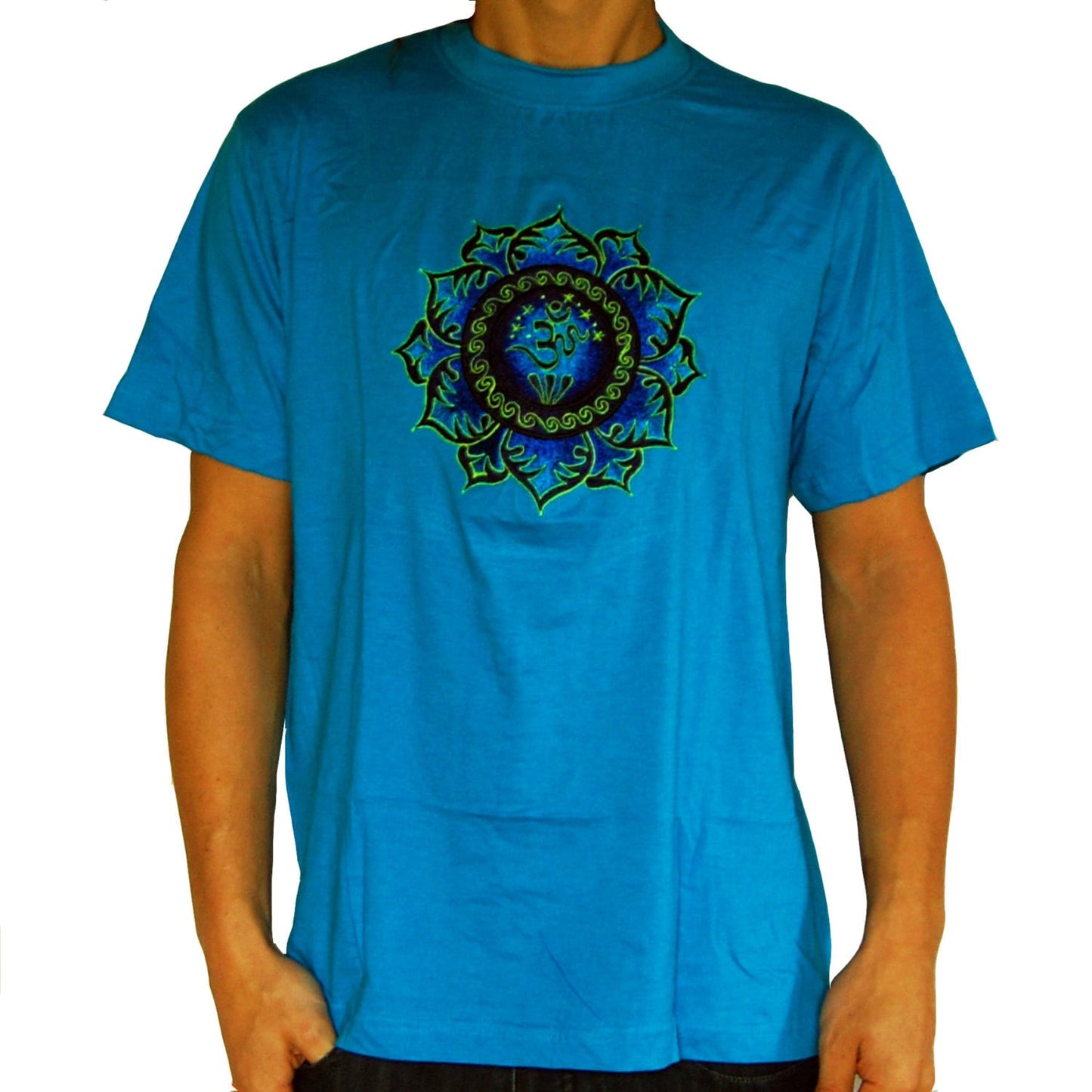 AUM blue mandala T-Shirt blacklight handmade embroidery no print OM yantra goa t-shirt