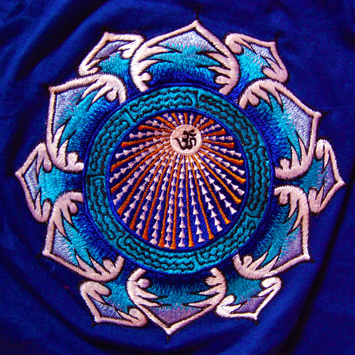 AUM iceblue mandala T-Shirt blacklight handmade embroidery no print OM yantra goa t-shirt