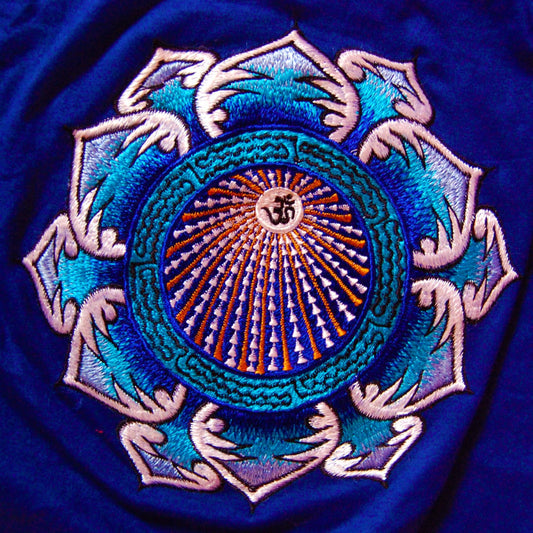 AUM iceblue mandala T-Shirt blacklight handmade embroidery no print OM yantra goa t-shirt