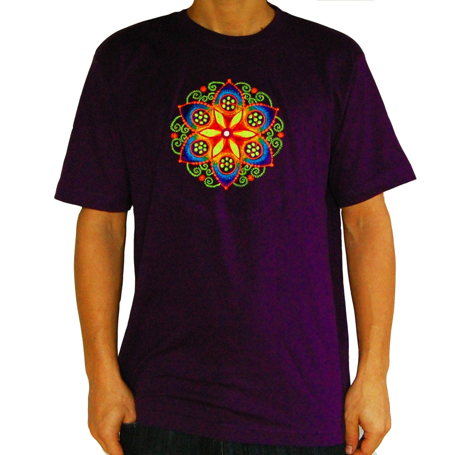 purple crop circle T-Shirt fractal flower of life blacklight handmade embroidery no print goa t-shirt