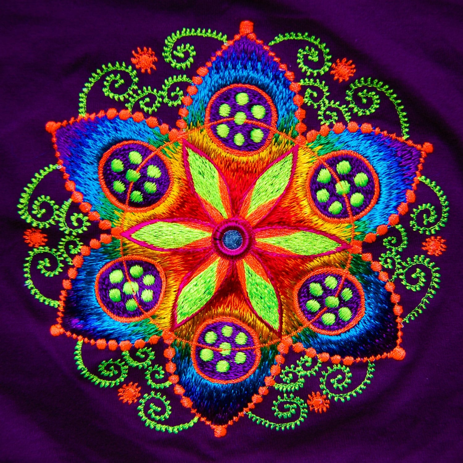 purple crop circle T-Shirt fractal flower of life blacklight handmade embroidery no print goa t-shirt