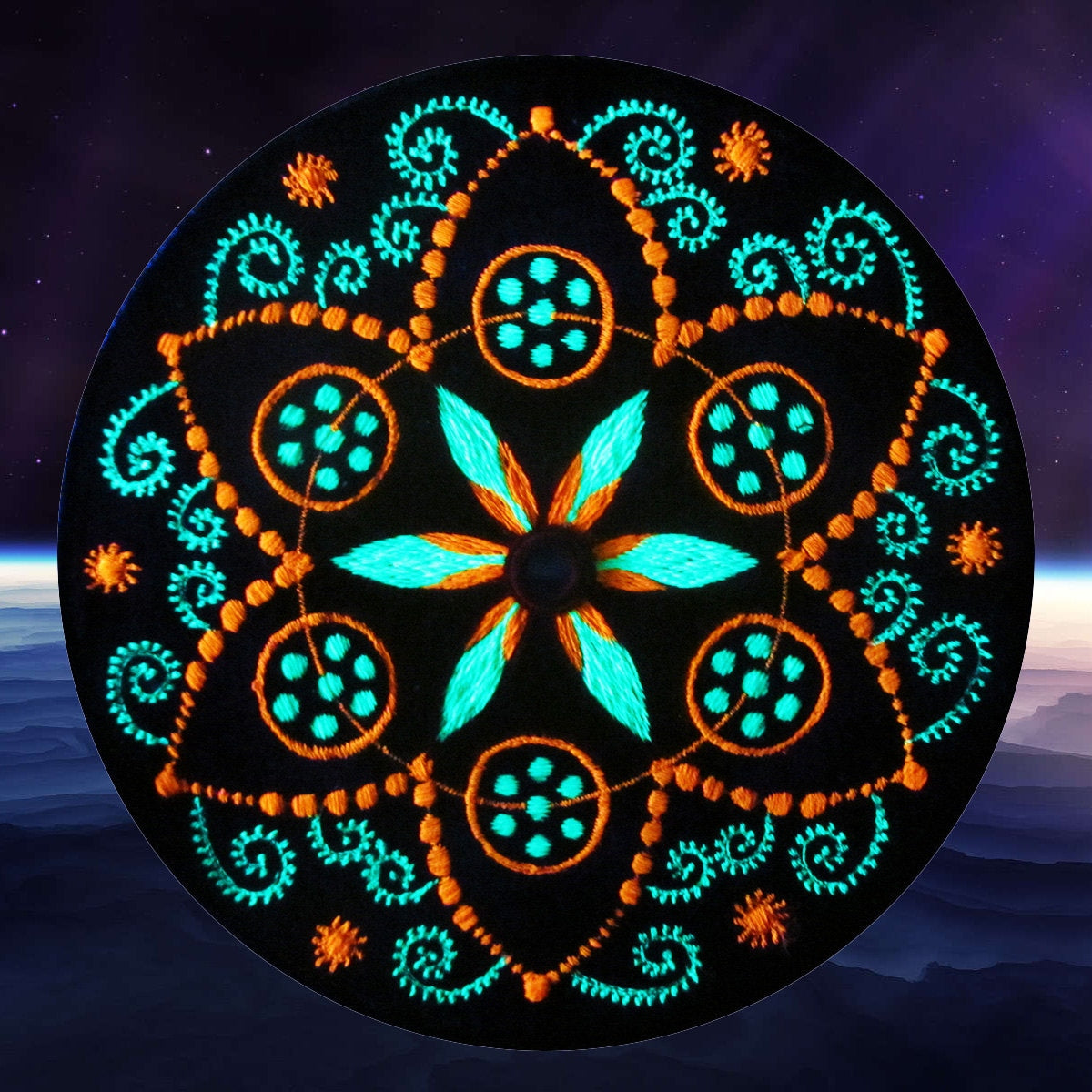 purple crop circle T-Shirt fractal flower of life blacklight handmade embroidery no print goa t-shirt