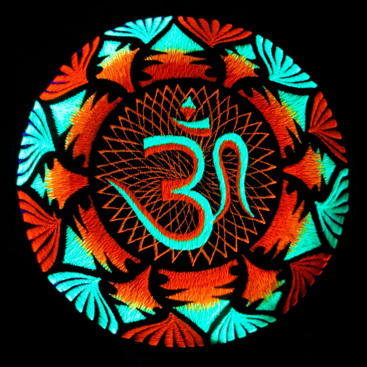 UV Blacklight Aum Mandala Embroidery Cosmic Music Goa Trance Festival OM Psytrance Big Size Patch with maximum neon glowing effect