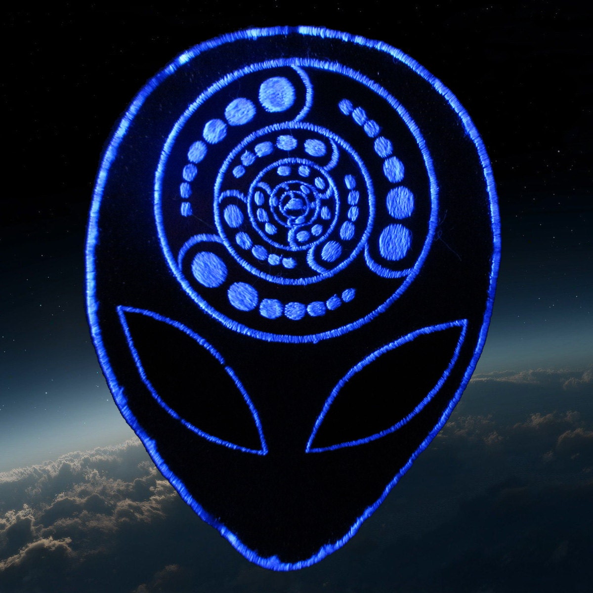 Silver Shining Alien Crop Circle embroidery Patch Attributes free energy sacred geometry from space holy patterns consciousness expanding ET