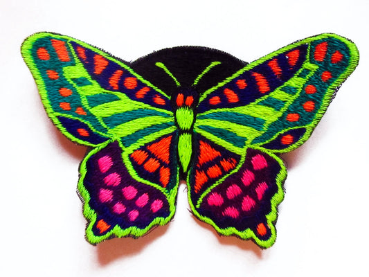 Beautiful Butterfly embroidery patch 11x7cm size Hippie Goa Trance Blacklight UV glowing handmade for sewing on or simply with textile glue