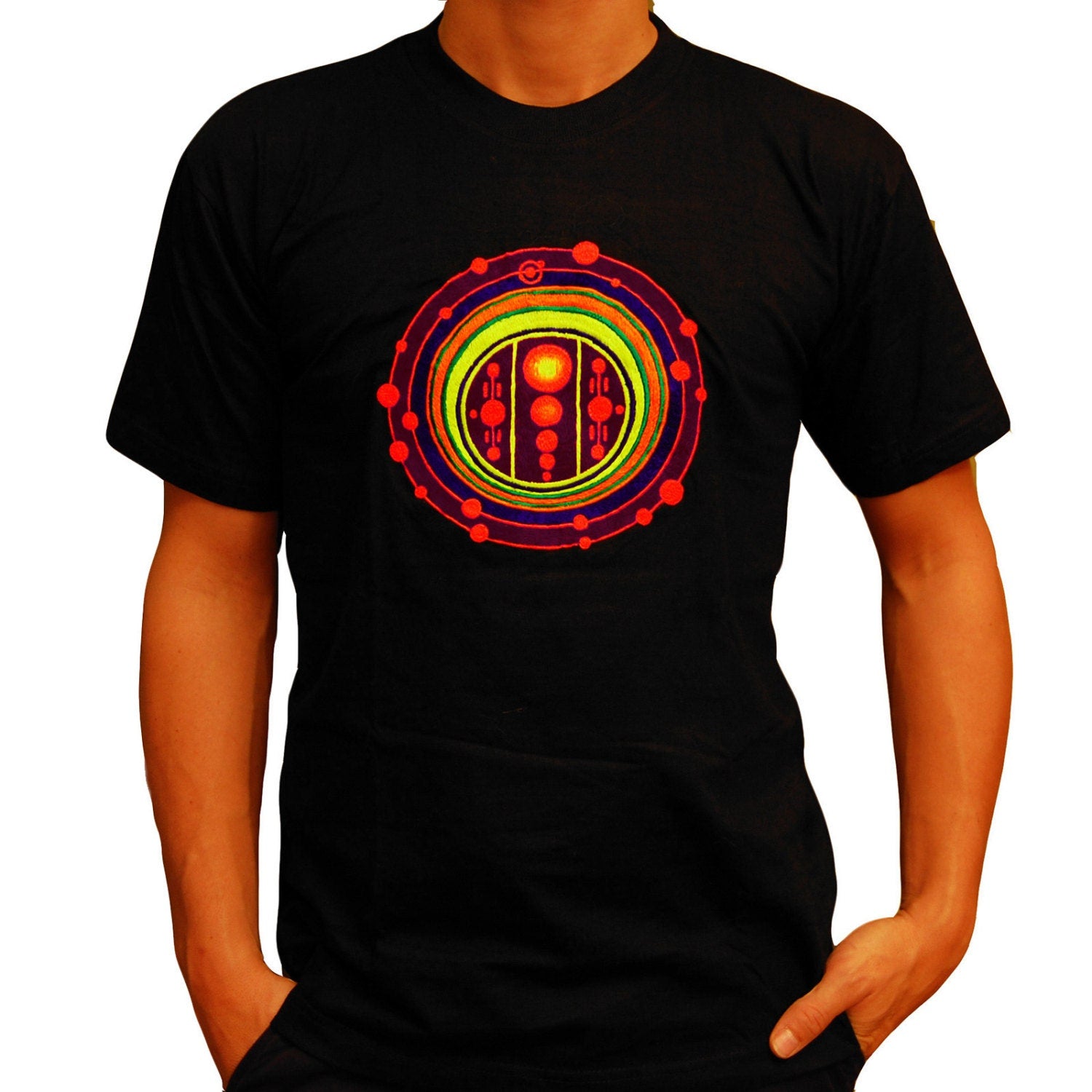 Galactic Starsign crop circle T-Shirt blacklight handmade embroidery no print goa t-shirt