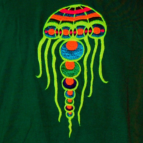 Yellyfish crop circle T-Shirt blacklight handmade embroidery no print goa t-shirt