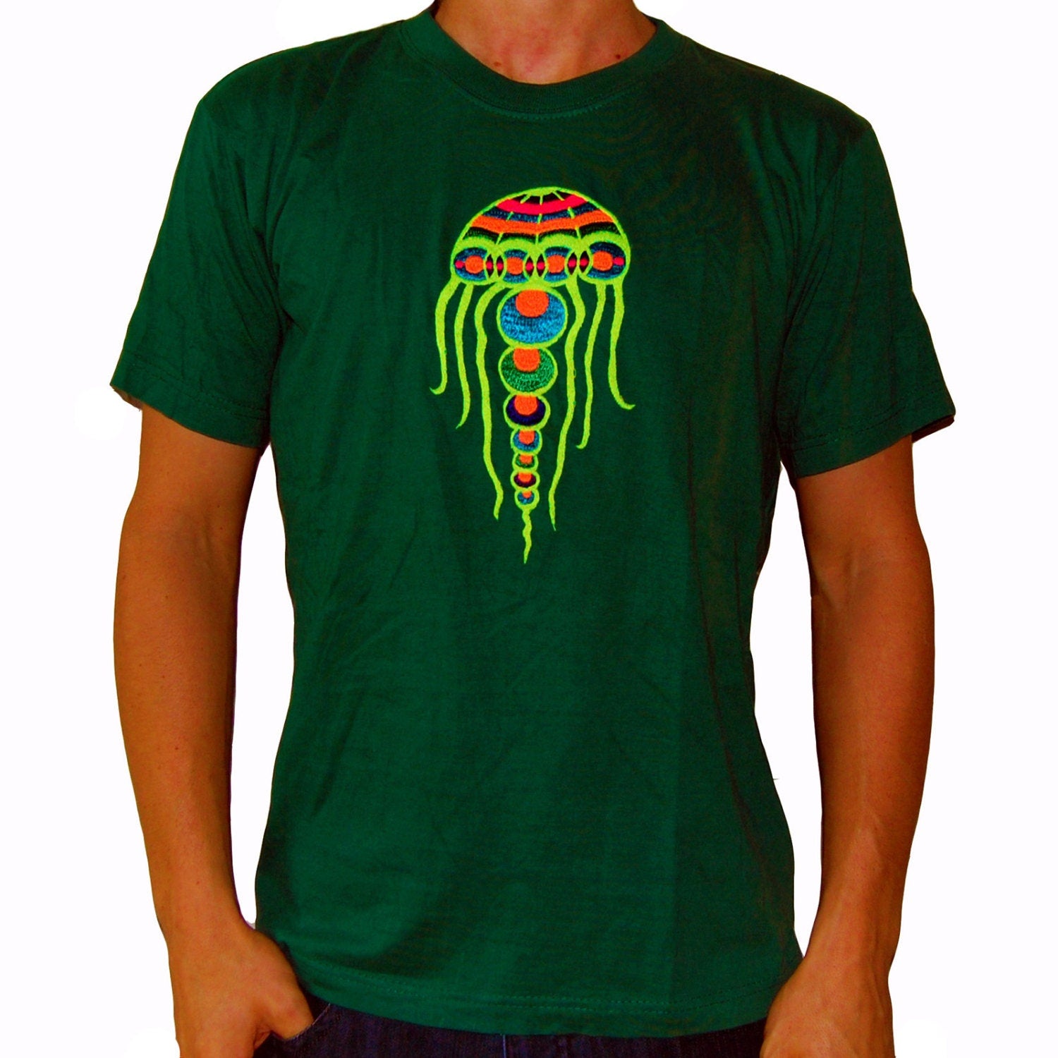 Yellyfish crop circle T-Shirt blacklight handmade embroidery no print goa t-shirt
