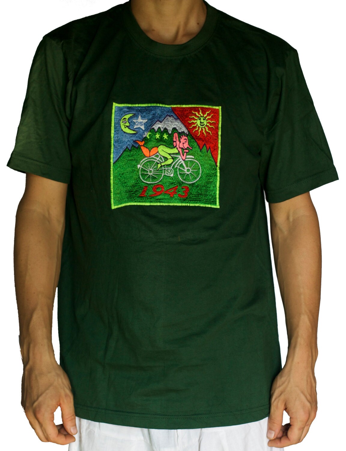 Bicycle LSD Hofmann T-Shirt blacklight handmade embroidery no print goa t-shirt