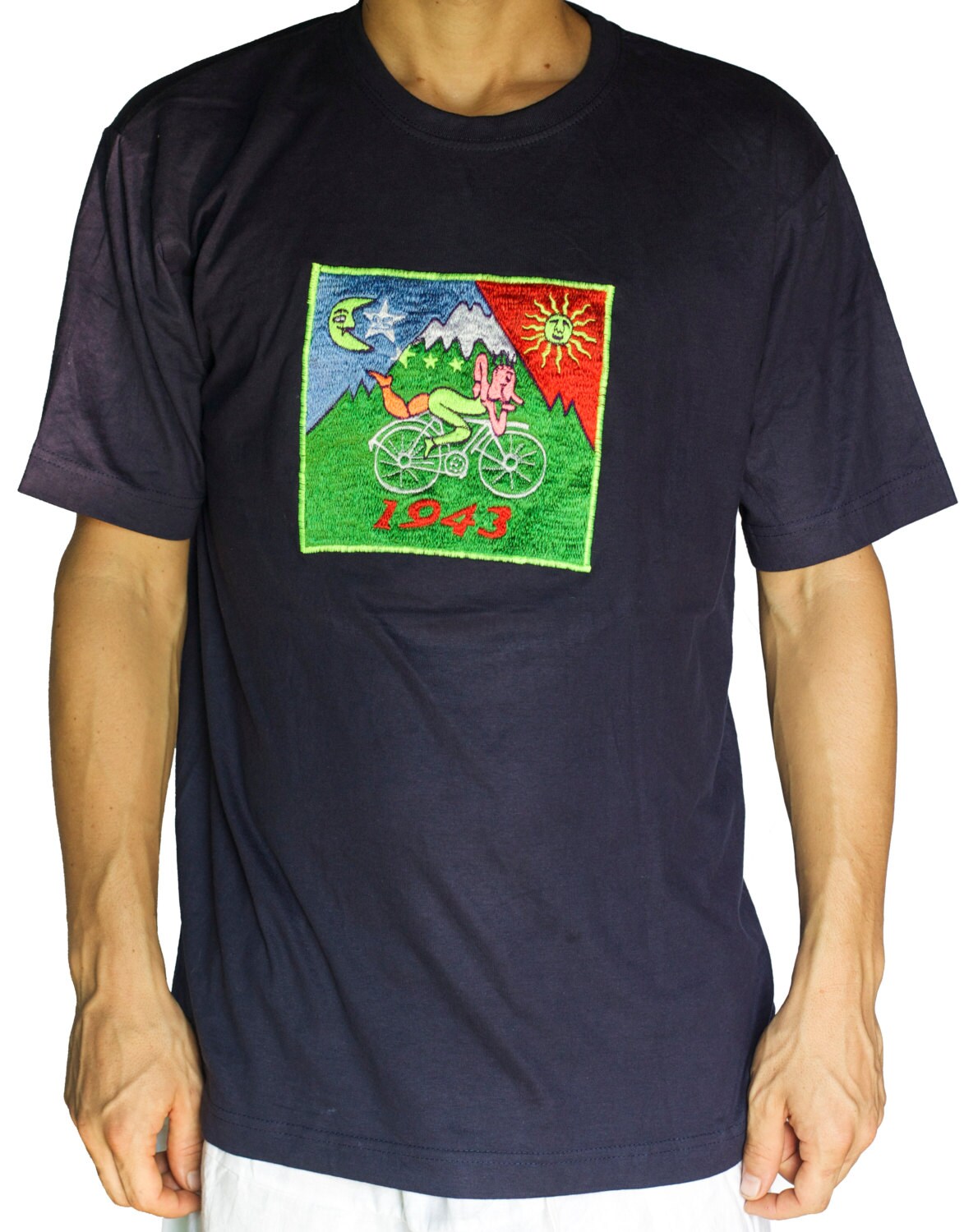 Bicycle LSD Hofmann T-Shirt blacklight handmade embroidery no print goa t-shirt