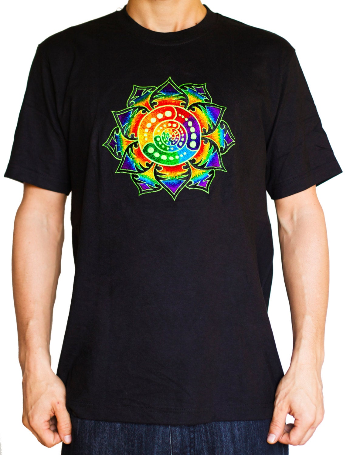 Attributes crop circle T-Shirt rainbow mandala blacklight handmade embroidery no print goa t-shirt