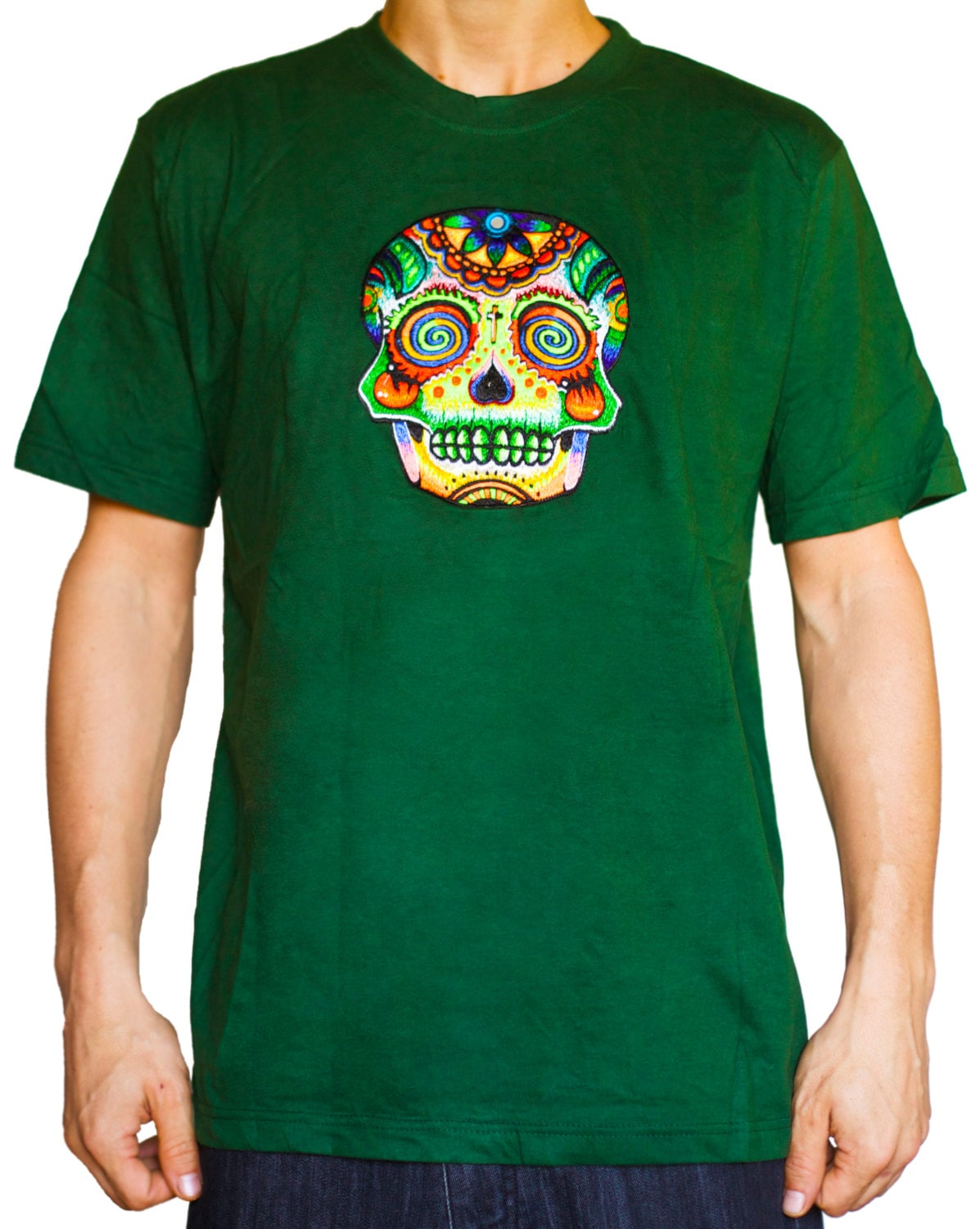 Spiral skull T-Shirt with mirror blacklight handmade embroidery no print goa psy t-shirt