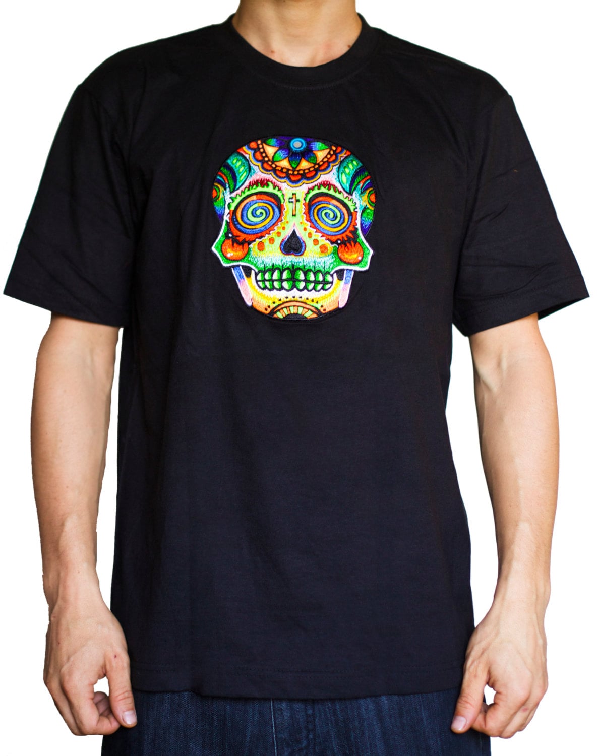 Spiral skull T-Shirt with mirror blacklight handmade embroidery no print goa psy t-shirt
