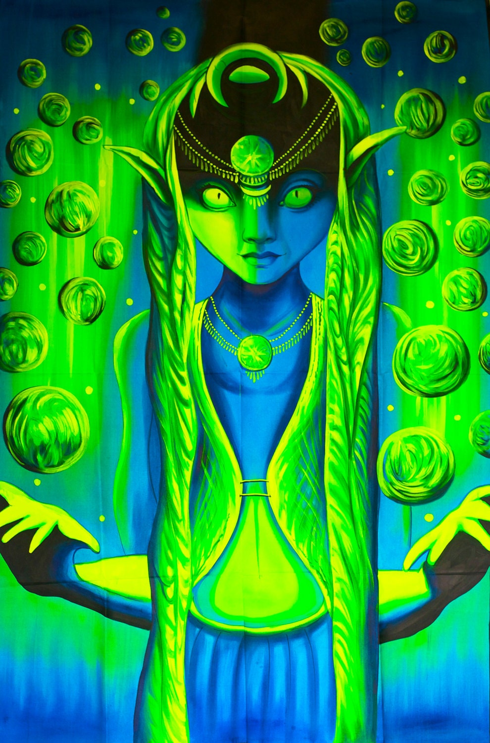 UV Painting Cosmic Elfe - handpainted on order blacklight active psychedelic neon glowing multiple sizes