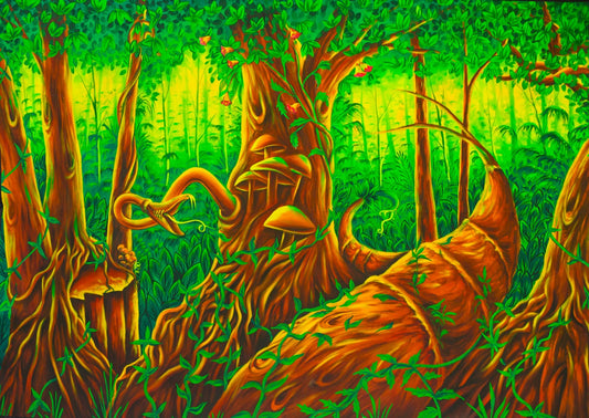 Mushroom Forest UV Painting - handmade on order blacklight active psychedelic india multiple sizes
