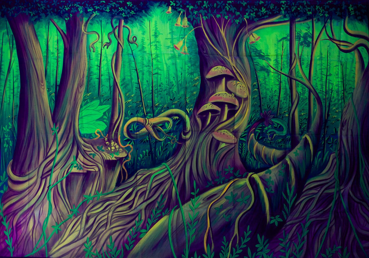 Psilocybin Jungle UV Painting - handmade on order blacklight active psychedelic india multiple sizes
