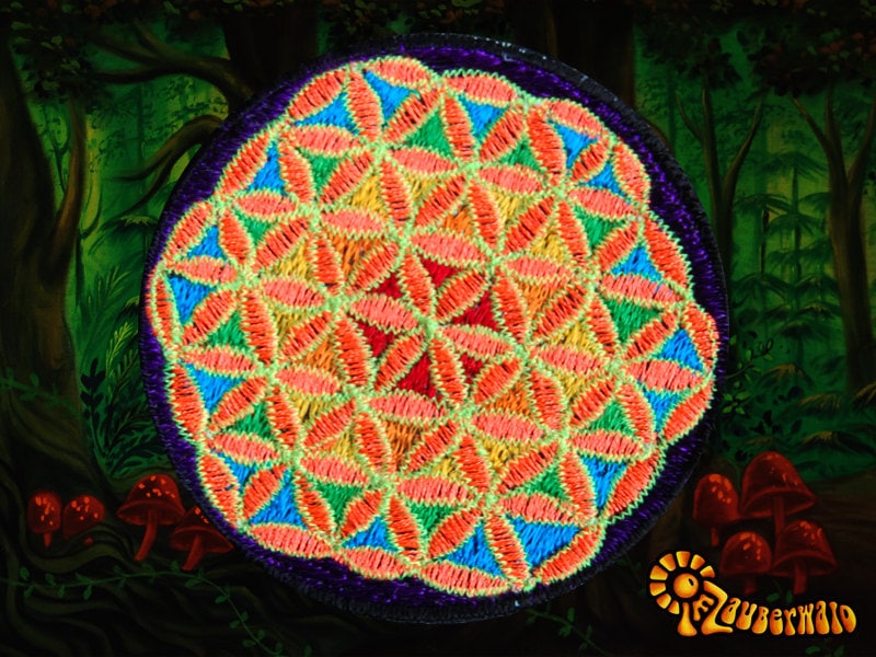 9cm Flower of Life rainbow  purple holy geometry patch sacred art drunvalo melchizedek yantra